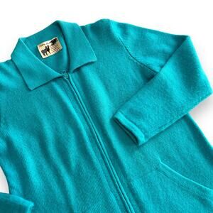 Vtg Peruvian Alpaca Ladies Sweater Jacket S/M Aqua Wool Full Zip Collared